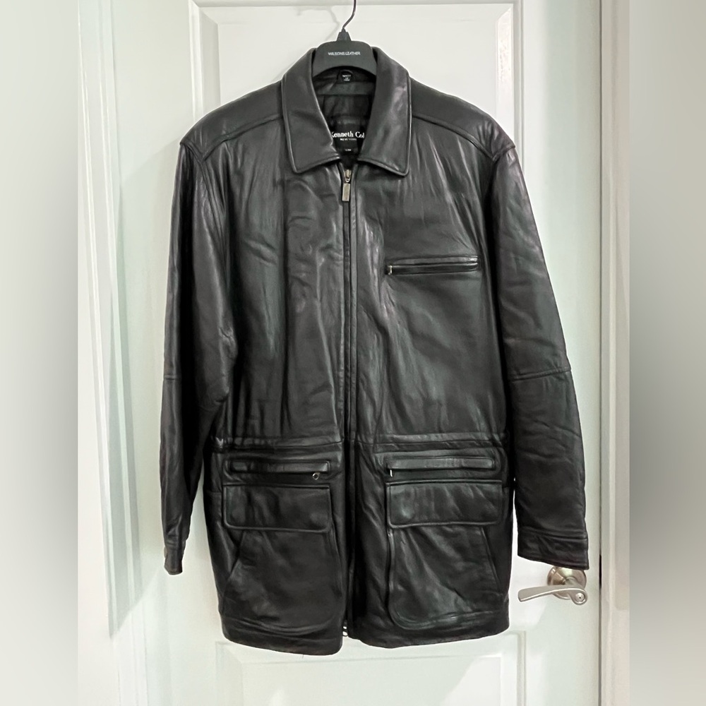 Kenneth Cole Black Leather Full Length Coat